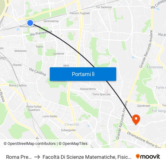 Roma Prenestina to Facoltà Di Scienze Matematiche, Fisiche E Naturali (Sogene) map