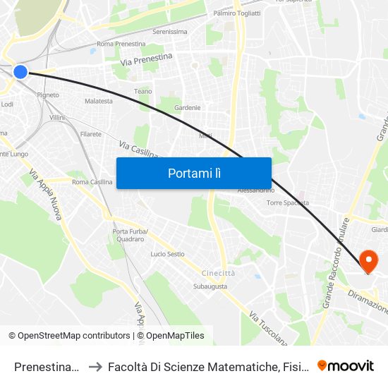 Prenestina/Caballini to Facoltà Di Scienze Matematiche, Fisiche E Naturali (Sogene) map