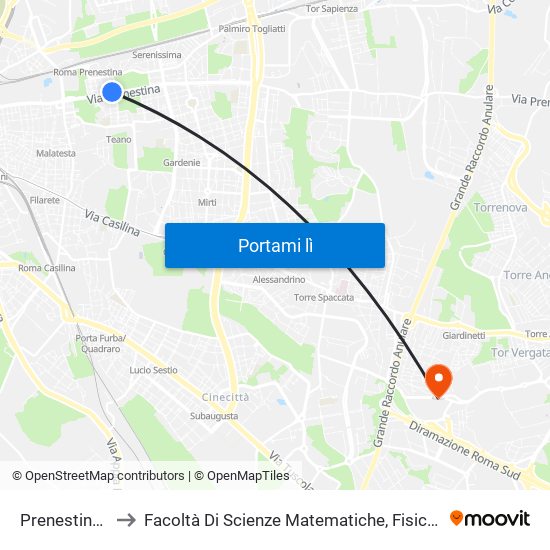 Prenestina/Irpinia to Facoltà Di Scienze Matematiche, Fisiche E Naturali (Sogene) map