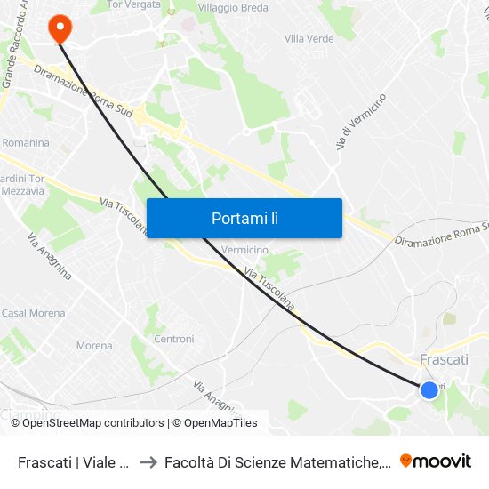 Frascati | Viale Vittorio Veneto to Facoltà Di Scienze Matematiche, Fisiche E Naturali (Sogene) map