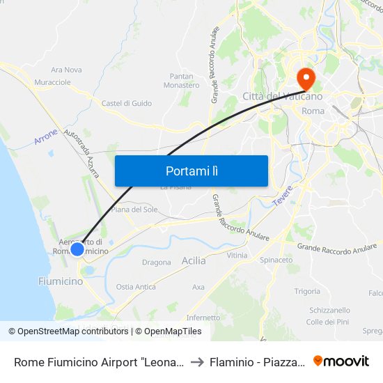 Rome Fiumicino Airport "Leonardo Da Vinci" (Fco) to Flaminio - Piazza Del Popolo map