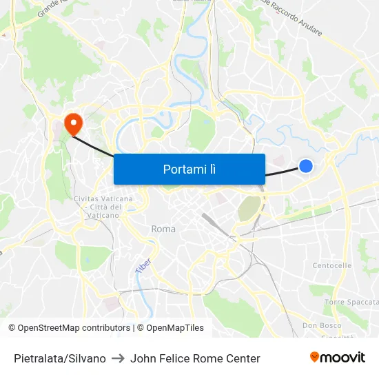 Pietralata/Silvano to John Felice Rome Center map