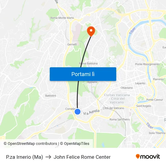 P.za Irnerio (Ma) to John Felice Rome Center map