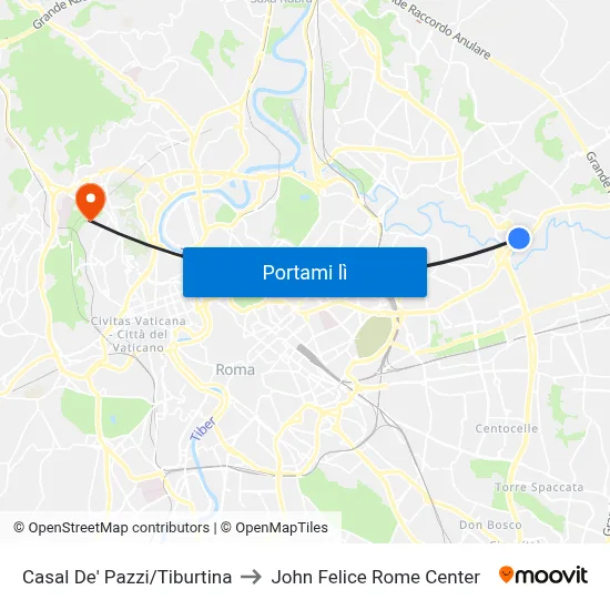 Casal De' Pazzi/Tiburtina to John Felice Rome Center map