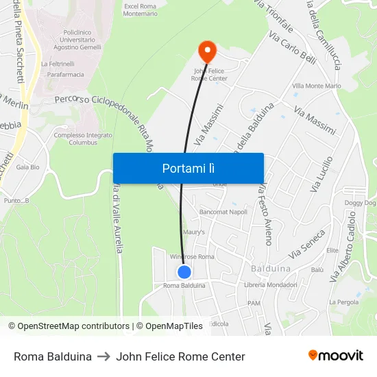 Roma Balduina to John Felice Rome Center map