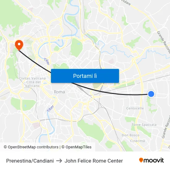 Prenestina/Candiani to John Felice Rome Center map