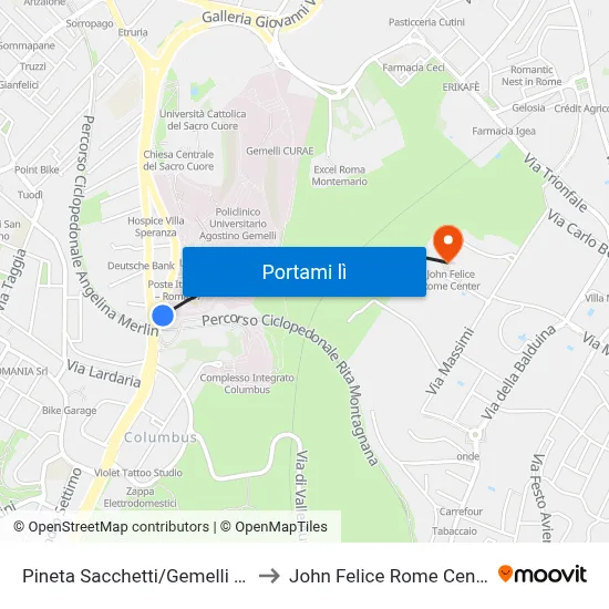 Pineta Sacchetti/Gemelli (H) to John Felice Rome Center map