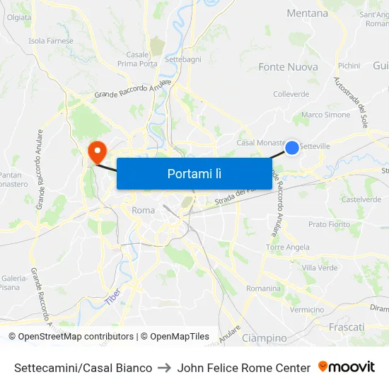 Settecamini/Casal Bianco to John Felice Rome Center map