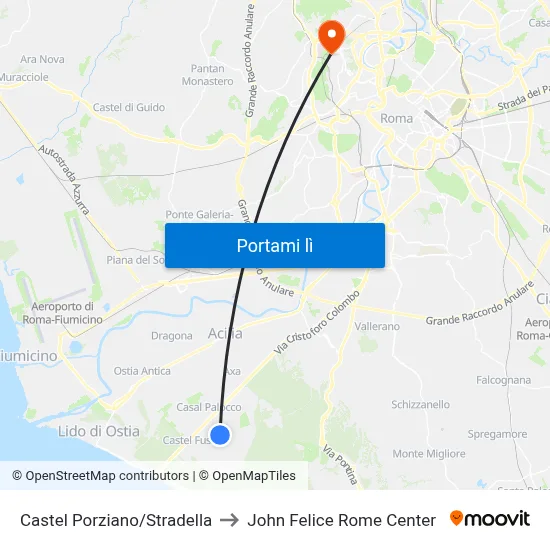 Castel Porziano/Stradella to John Felice Rome Center map