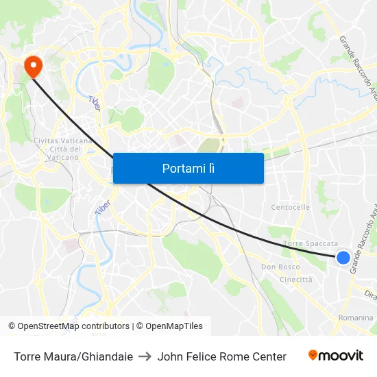 Torre Maura/Ghiandaie to John Felice Rome Center map