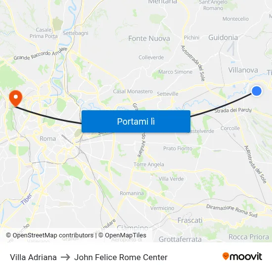 Villa Adriana to John Felice Rome Center map