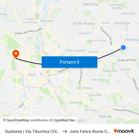 Guidonia | Via Tiburtina (Villalba) to John Felice Rome Center map