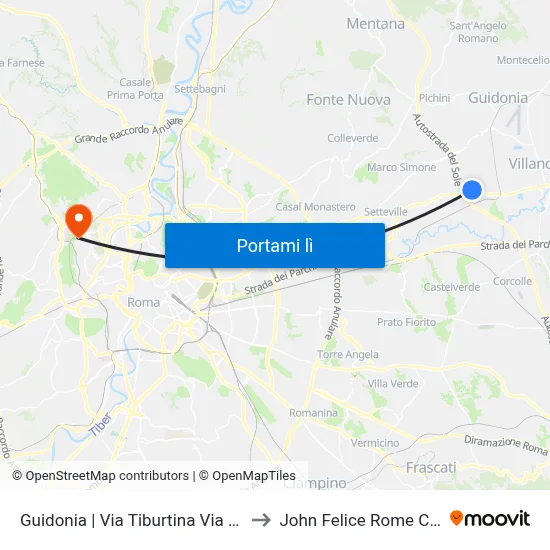 Guidonia | Via Tiburtina Via Platani to John Felice Rome Center map