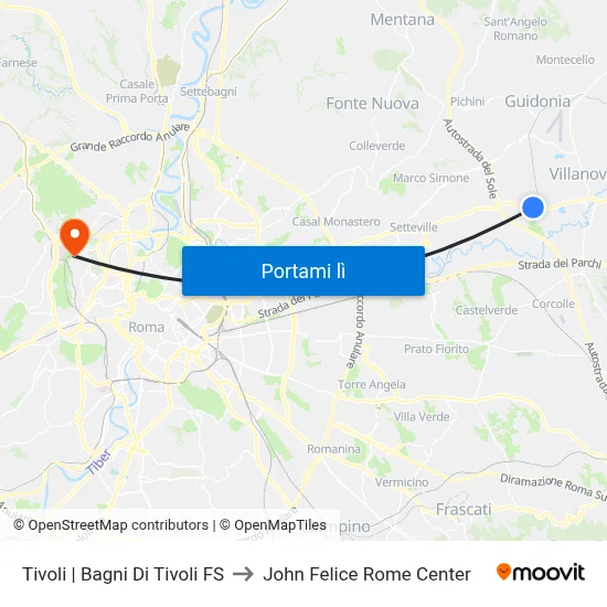 Tivoli | Bagni Di Tivoli FS to John Felice Rome Center map