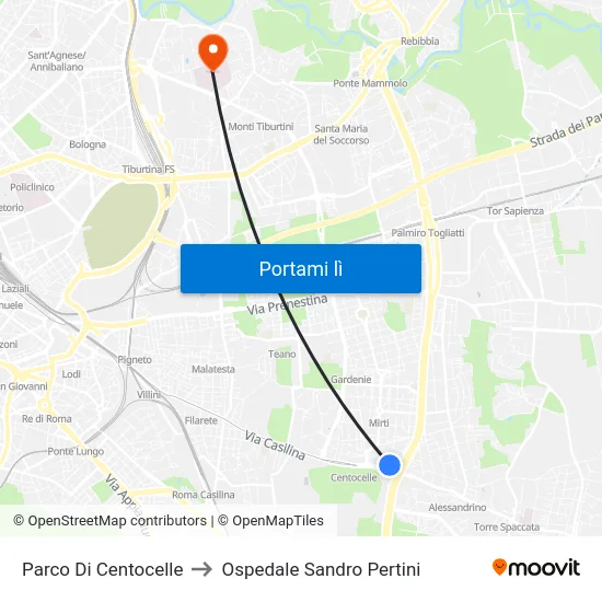 Parco Di Centocelle to Ospedale Sandro Pertini map