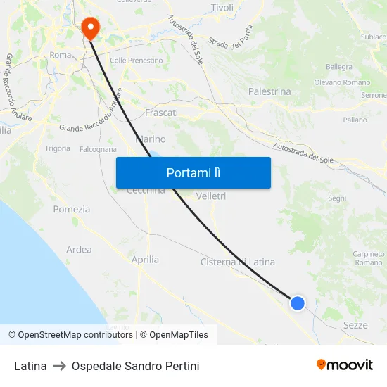 Latina to Ospedale Sandro Pertini map