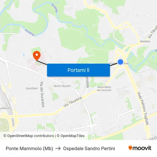 Ponte Mammolo (Mb) to Ospedale Sandro Pertini map