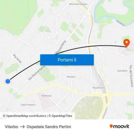 Viterbo to Ospedale Sandro Pertini map