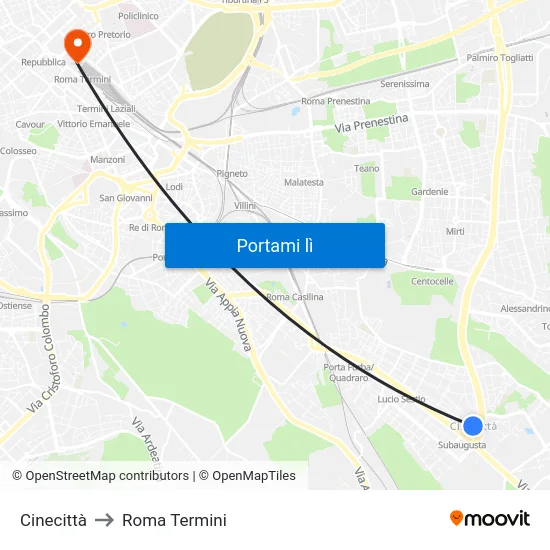 Cinecittà to Roma Termini map