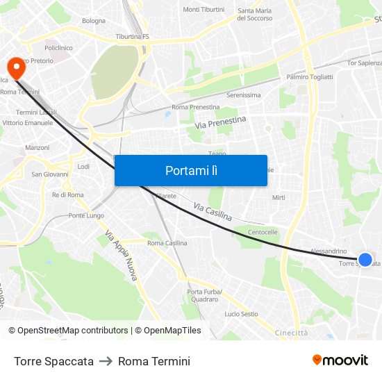 Torre Spaccata to Roma Termini map