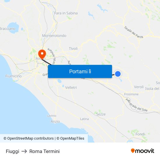 Fiuggi to Roma Termini map