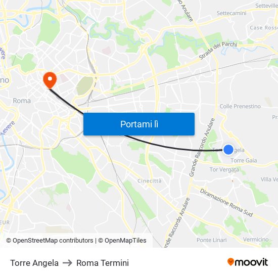 Torre Angela to Roma Termini map