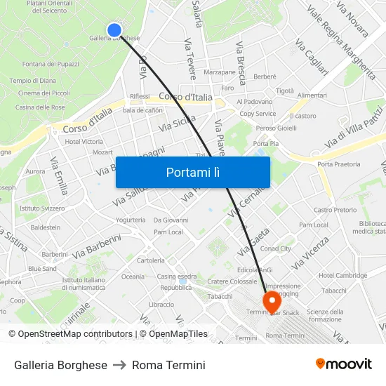 Galleria Borghese to Roma Termini map