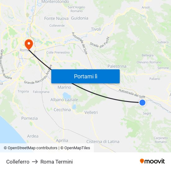 Colleferro to Roma Termini map