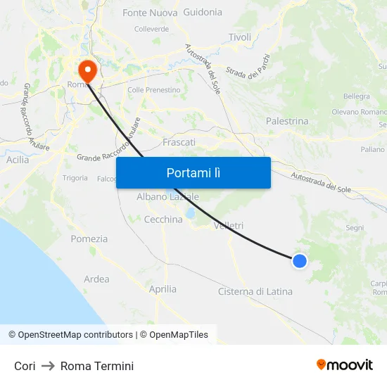 Cori to Roma Termini map
