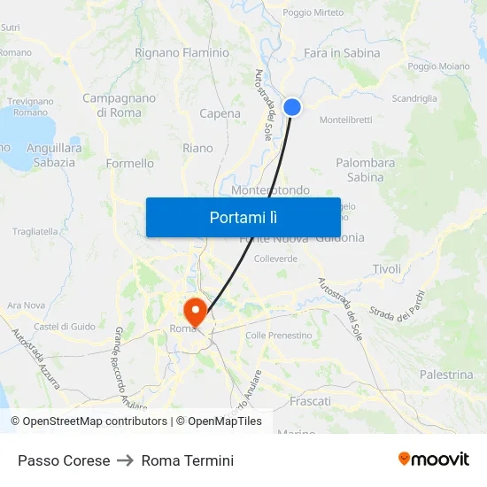 Passo Corese to Roma Termini map