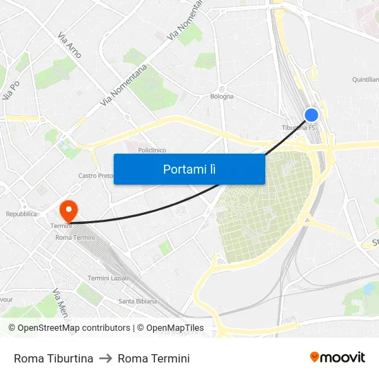 Roma Tiburtina to Roma Termini map