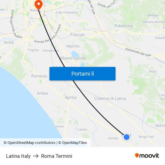 Latina Italy to Roma Termini map