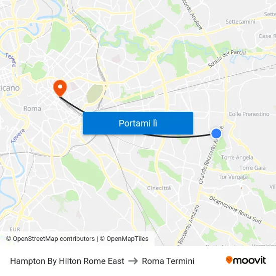 Hampton By Hilton Rome East to Roma Termini map