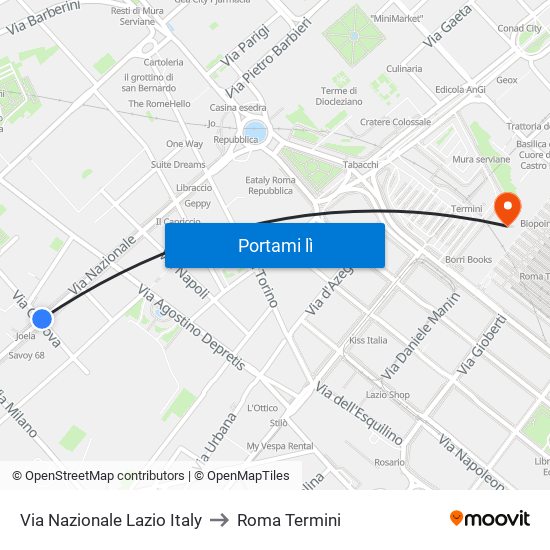 Via Nazionale Lazio Italy to Roma Termini map