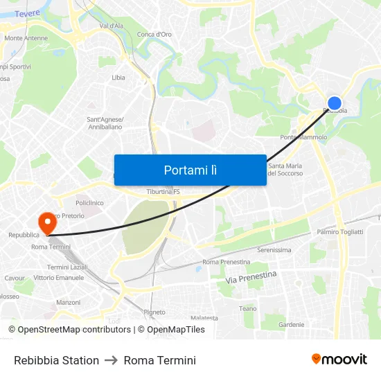 Rebibbia Station to Roma Termini map