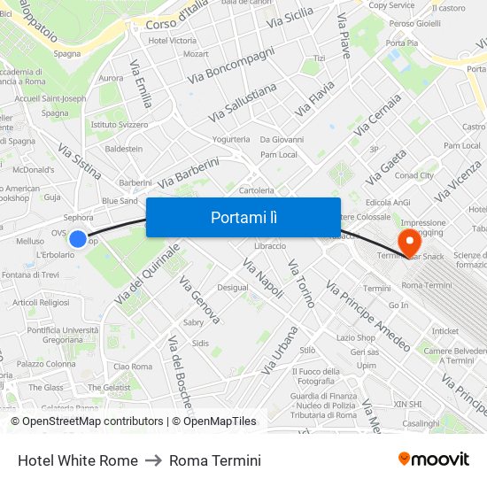 Hotel White Rome to Roma Termini map