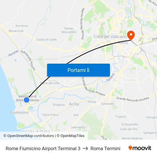 Rome Fiumicino Airport Terminal 3 to Roma Termini map