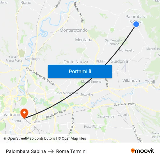 Palombara Sabina to Roma Termini map