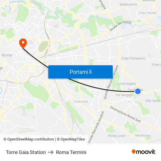 Torre Gaia Station to Roma Termini map