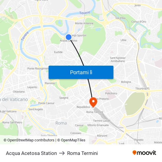 Acqua Acetosa Station to Roma Termini map