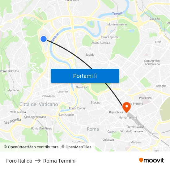 Foro Italico to Roma Termini map