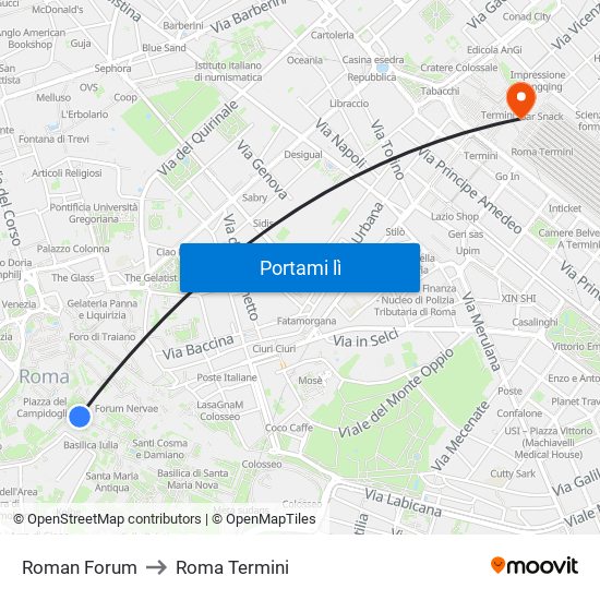 Roman Forum to Roma Termini map