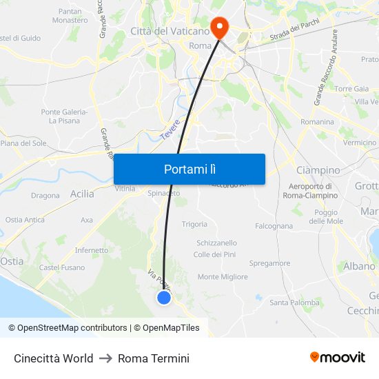 Cinecittà World to Roma Termini map