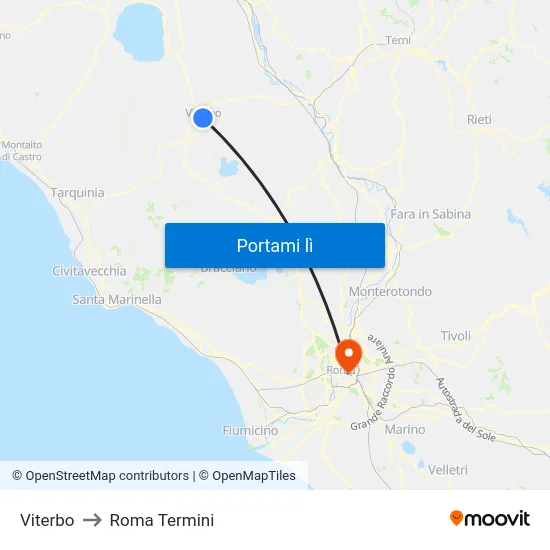 Viterbo to Roma Termini map