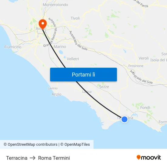 Terracina to Roma Termini map