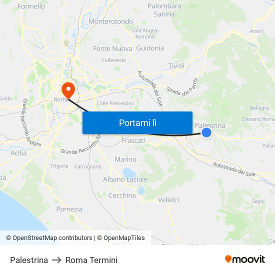 Palestrina to Roma Termini map