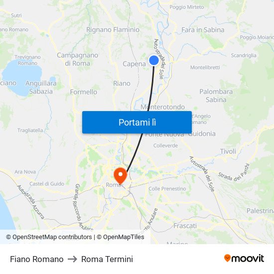 Fiano Romano to Roma Termini map