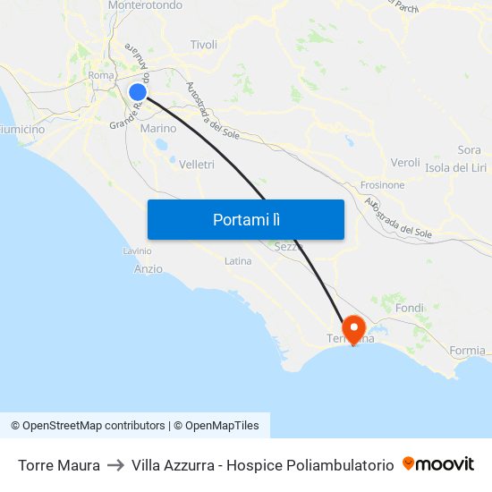 Torre Maura to Villa Azzurra - Hospice Poliambulatorio map