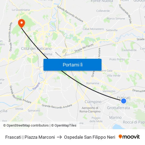 Frascati | Piazza Marconi to Ospedale San Filippo Neri map