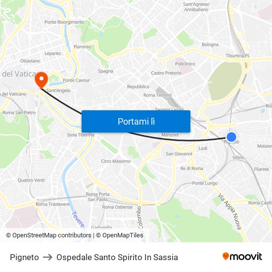 Pigneto to Ospedale Santo Spirito In Sassia map
